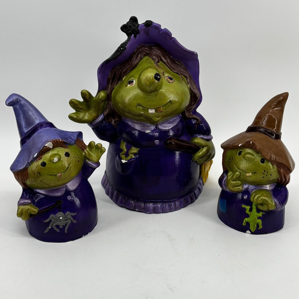 Vtg Style CeramicHalloween Witch Figurine Set of 3 Green Face Purple Robe Decor